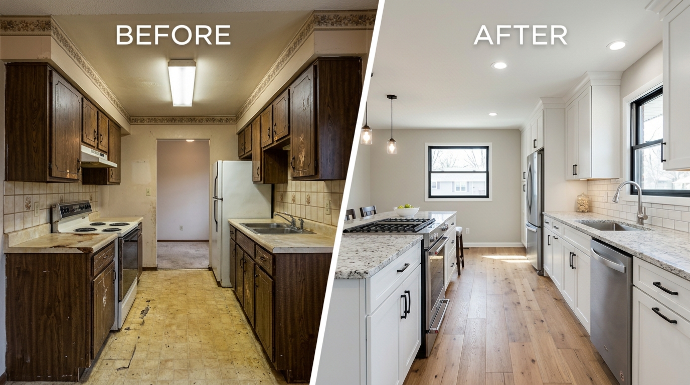 Before and After transformation of kitchen and living space by WDI Design Studio