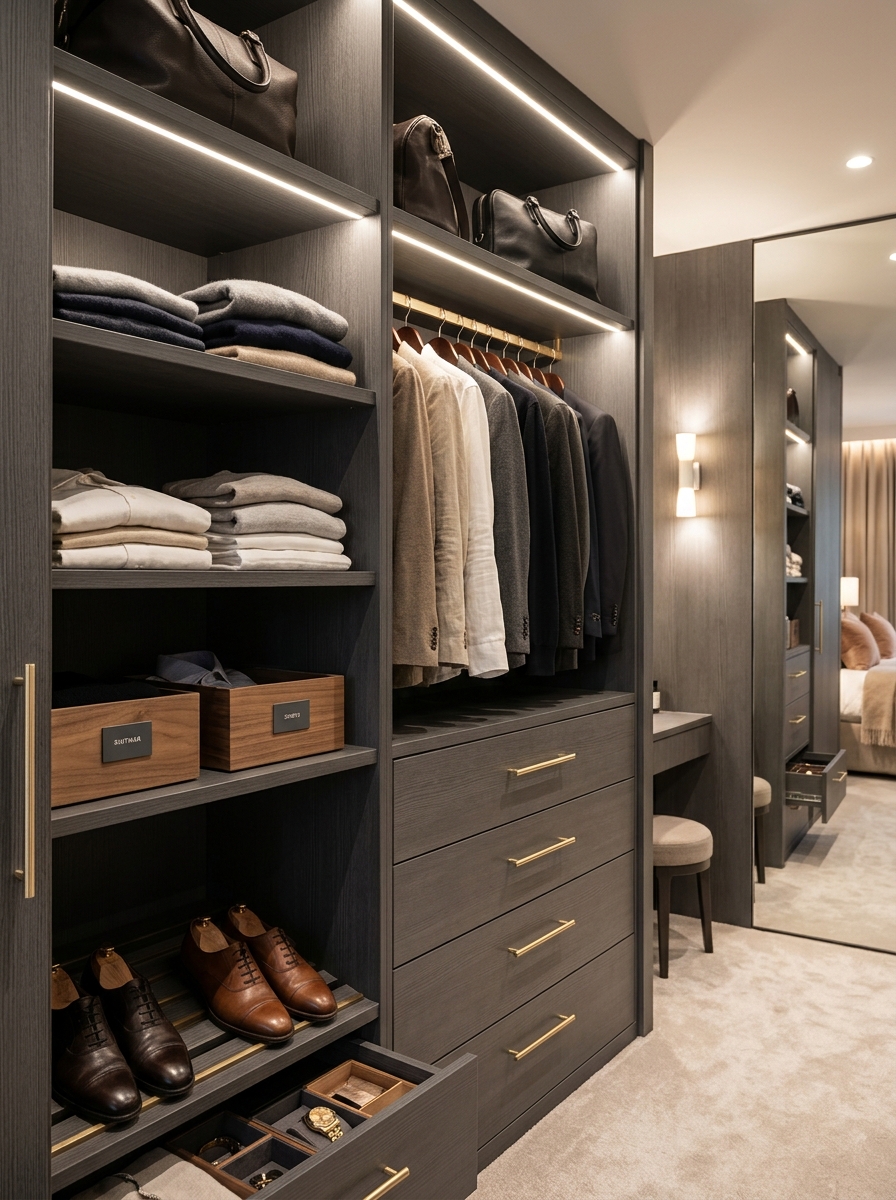 Walk-in closet with integrated lighting and velvet drawer inserts